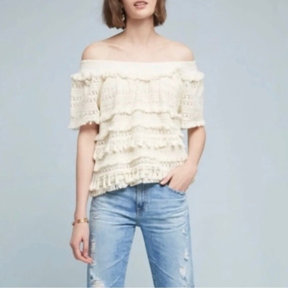 Anthropologie Love Sam Cotton Off Shoulder Short Sleeve Ivory Crocheted Top, Sm - Picture 1 of 9